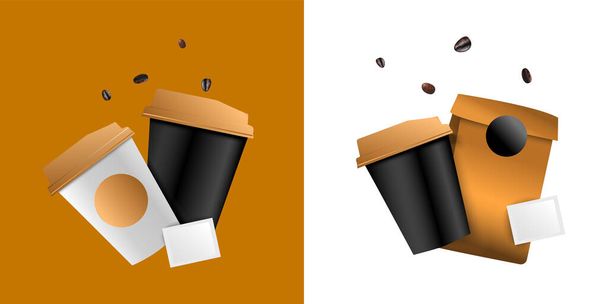 Getränkeverpackungsmockup-Designkonzept für das Branding. Schwarze und weiße Kaffee Einwegbecher in der Luft, Verpackung, Zucker, Kaffeebohnen. Moderne Illustrationsraster-Version - Foto, Bild