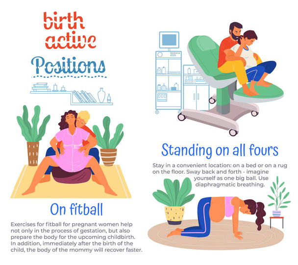 Women preparing for upcoming birth. Childbirth positions on floor, fitball. Husband s helps - Vektor, kép