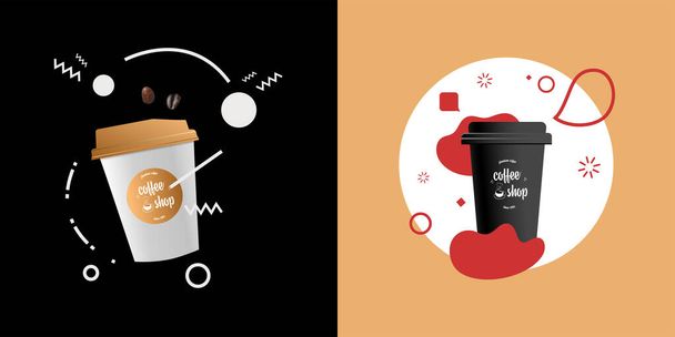 Koncept návrhu nápojového balíčku pro značkování. Černobílý šálek kávy, balíček, cukr. Moderní vektorová ilustrace  - Vektor, obrázek