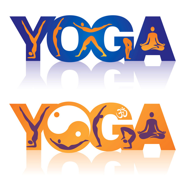 Palabra Yoga con Yoga posiciona iconos
 - Vector, Imagen