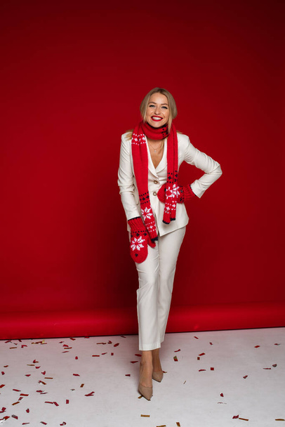 Christmas concept photo of elegant young woman in mittens - Photo, Image