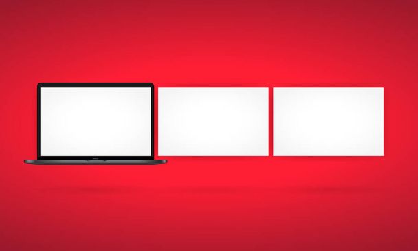 Monitor portatile realistico in vista frontale. Mockup desktop in metallo con schermo bianco. Modello di quaderno. Vettore su sfondo bianco isolato. EPS 10. - Vettoriali, immagini