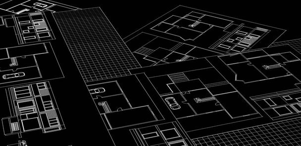fachadas plano de la casa bosquejo arquitectónico 3d ilustración - Foto, imagen