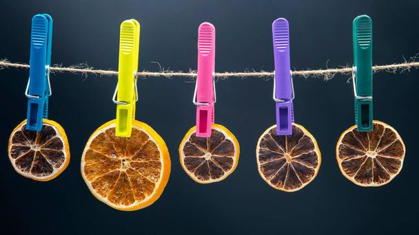 pedaços secos de frutas cítricas diferentes pendurar em espinhas coloridas - Foto, Imagem