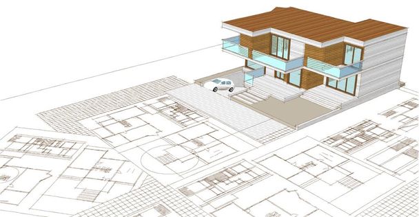 dům plán fasády architektonický náčrt 3D ilustrace - Fotografie, Obrázek