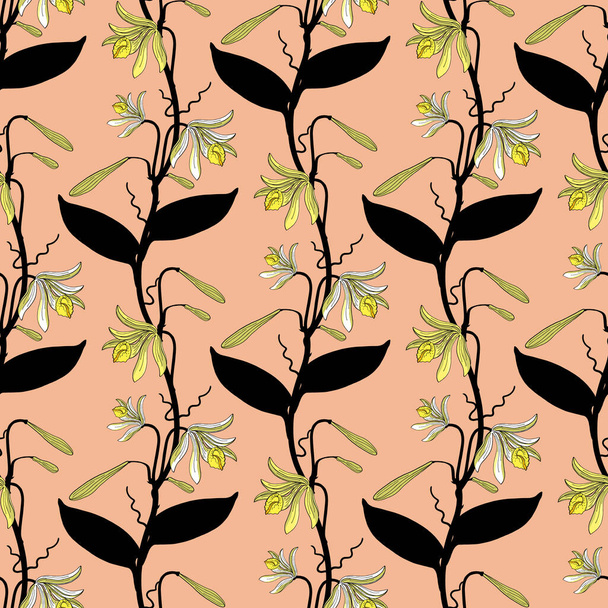Floral seamless pattern with hand drawn vannilla orchid flowers on pink background. Stock vector illustration. - Vetor, Imagem