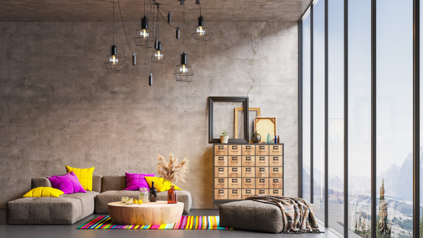 Design de interiores moderno em um apartamento, casa, escritório, detalhes interiores modernos brilhantes e luz da janela contra o fundo de uma parede de concreto e piso com reflexão. - Foto, Imagem