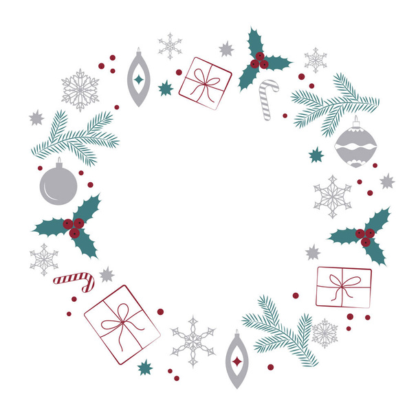 A Wreath With Christmas Elements On A White Background - Vecteur, image