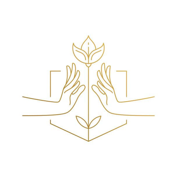 Vector design of flower growing between hands hand drawn with thin lines - Διάνυσμα, εικόνα