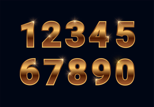 Conjunto de números brillantes de bronce, signos de fuente dorados aislados sobre fondo negro. Diseño de tipografía de cobre metálico de moda de lujo para decoración, diseño, web, publicidad, tarjeta de felicitación. Ilustración vectorial. - Vector, imagen