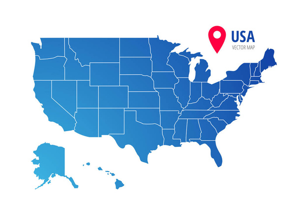 Διανυσματικός χάρτης ΗΠΑ με ομοσπονδιακά σύνορα κρατών. Ηνωμένες Πολιτείες της Αμερικής χώρα σιλουέτα απομονώνονται σε λευκό φόντο. Εικονογράφηση διανύσματος για web, design, infographics, app, poster. - Διάνυσμα, εικόνα