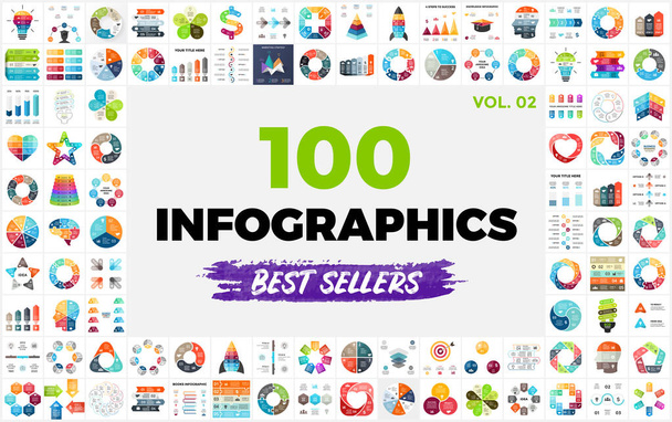 100 meistverkaufte Infografik-Vorlagen. Teil 2. Perfekt für jeden Zweck, von Präsentationen oder Webelementen bis hin zu Print oder Grafiken. - Vektor, Bild