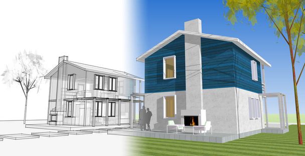 casa desenho arquitetônico ilustração 3d - Foto, Imagem
