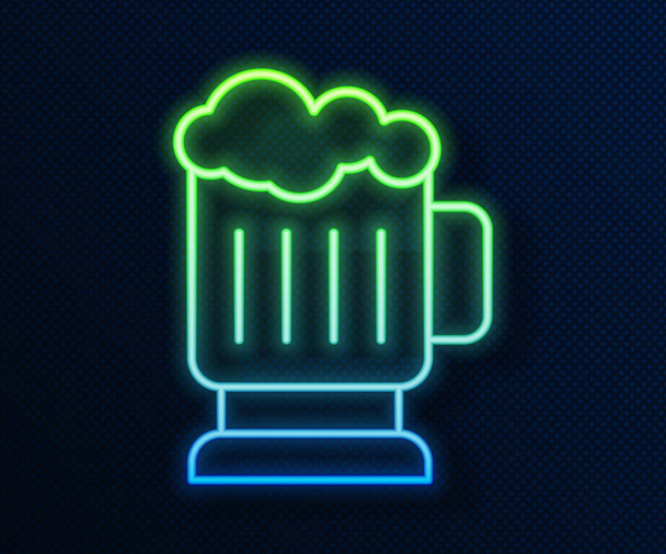 Glowing neon line Wooden beer mug icon isolated on blue background.  Vector. - Vector, Image