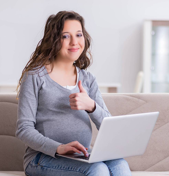 妊娠中の女性作業ノートパソコン上のソファに座って - 写真・画像