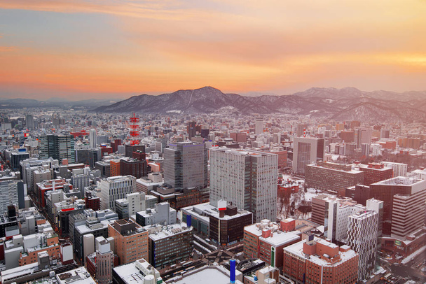 Sapporo, Hokkaido, Ιαπωνία στο κέντρο της πόλης ορίζοντα από ψηλά στο λυκόφως. - Φωτογραφία, εικόνα