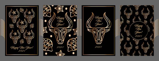 Η χρονιά του ταύρου. Καλή Χρονιά ευχετήριες κάρτες χρυσό σετ με ταύρο ή βόδι. Κάρτα διακοπών με γεωμετρία vintage γραμμή στυλ τέχνης σε μαύρο φόντο. Εικονογράφηση διάνυσμα συλλογή κομψότητα - Διάνυσμα, εικόνα