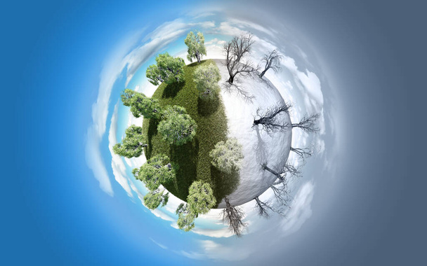 Planeta en miniatura con árboles verdes de verano y verduras de invierno sin hojas - Foto, Imagen