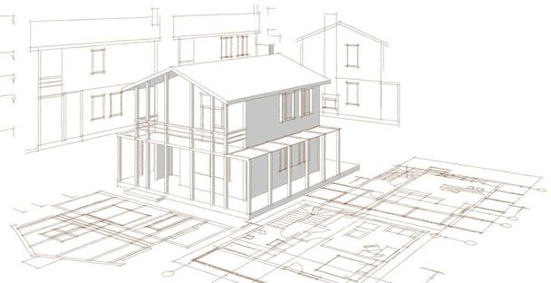 huis architectonische schets 3d illustratie - Foto, afbeelding