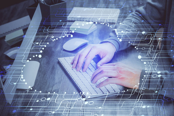 Double exposure of tech drawings with hands working on computer background. Concept of innovation. - Фото, изображение
