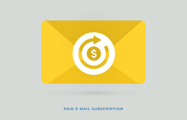 Placený e-mail Subscription Service plochý vektorový koncept. Placená poštovní konference se žlutou obálkou a ikonami se zaoblenými šipkami. Pravidelné pravidelné nebo plánované e-mailové zpravodaje pro zákazníka členství.  - Vektor, obrázek