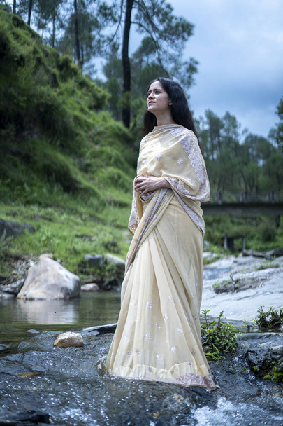 Beautiful Indian young female model wearing traditional saree standing in front of a river landscape with overcast clouds. - Foto, Imagem