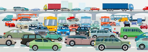 Atasco de tráfico en la intersección de carreteras, ilustración - Vector, imagen