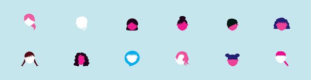 Conjunto de diferentes tipos de estilos de cabello femenino. plantilla de diseño icono de dibujos animados con varios modelos. ilustración vectorial moderna aislada sobre fondo azul - Vector, imagen
