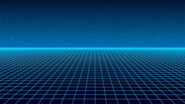 Abstract wireframe landscape 1980s style. Retro futuristic grid. Technology neon background. Vector illustration. - Vector, Image