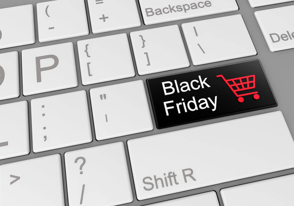 A digital illustration of a computer keyboard with a button for Black Friday online shopping - Foto, Imagem