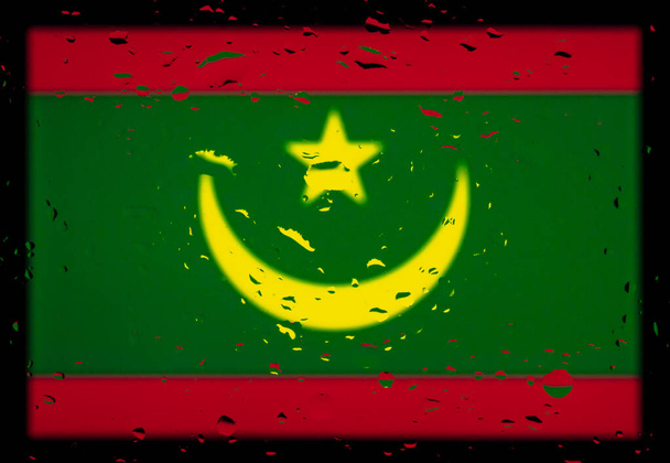 Σταγόνες νερού στο φόντο της σημαίας της Μαυριτανίας. Ρηχό βάθος πεδίου. Επιλεκτική εστίαση. Γραμμένο. - Φωτογραφία, εικόνα