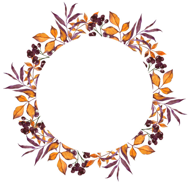 Autumn orange and violet leaves and berries frame. Hand drawn watercolor illustration. - Фото, изображение