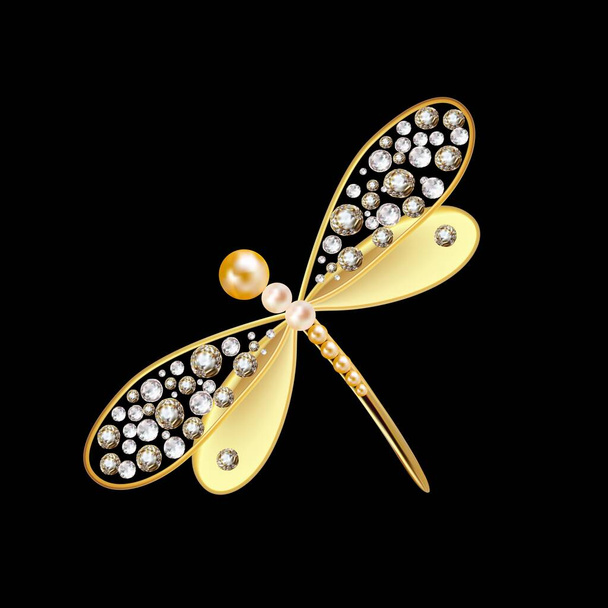 Bijoux pour femmes avec de grandes belles perles est symbole de beauté et d'art. Perles papillon d'or, libellule volant meilleur cadeau romantique pour mariage et anniversaire. - Vecteur, image