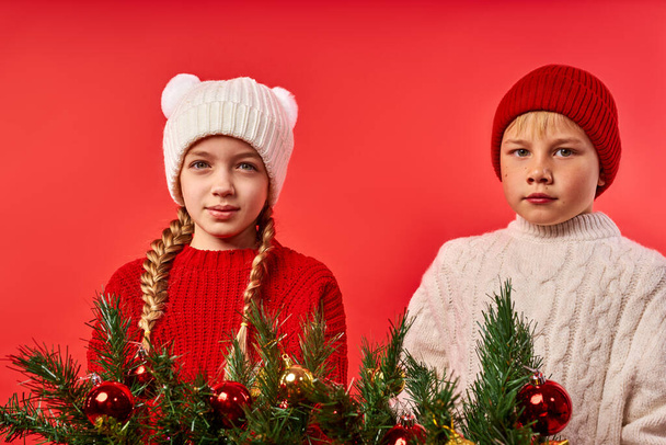studio portrait of a little girl and boy with a small Christmas tree on red isolated background - Foto, Bild