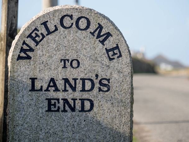 A stone sign says 'Welcome to Land's End' in Cornwall,UK.Iconic visitor attraction - Photo, Image