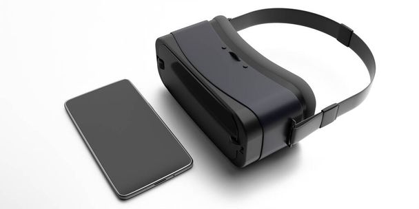 VR szemüveg és mobiltelefon, virtuális valóság headset és okostelefon elszigetelt fehér háttérrel. Játékgépek, jövőbeli technológiai eszközök. 3d illusztráció. - Fotó, kép