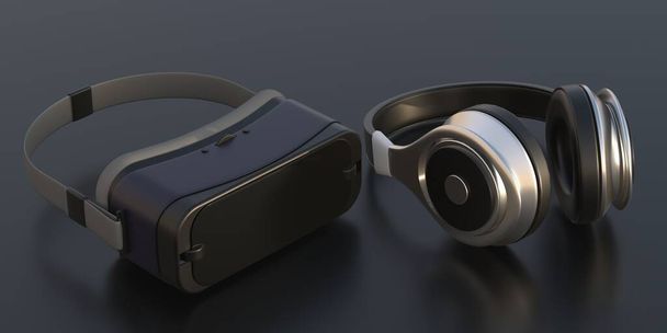 Virtuális valóság headset. VR szemüveg és fejhallgató, fekete háttérrel. Játékgépek, szórakoztatás, jövőbeli technológiai eszközök. 3d illusztráció. - Fotó, kép
