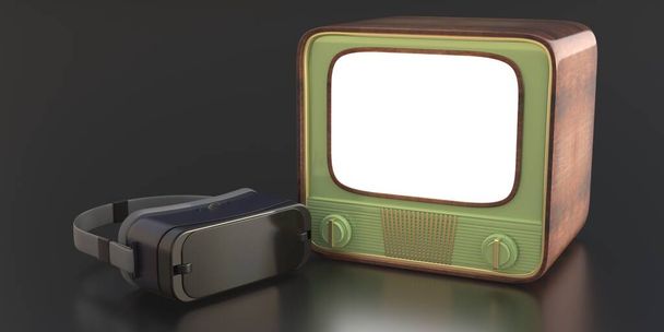Gafas VR y tv, auriculares de realidad virtual y televisor vintage sobre fondo negro. Equipo de juego, futuro dispositivo de tecnología. ilustración 3d. - Foto, imagen