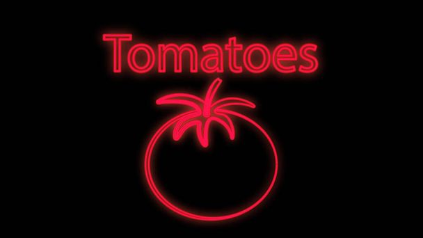 tomate sobre fondo negro, ilustración vectorial, neón. apetecible, tomate redondo, comida saludable. rojo neón, iluminación brillante, un signo con el nombre de tomate - Vector, imagen