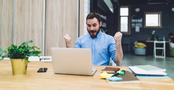 Contented young bearded male in blue shirt with raised fists screaming with joy browsing laptop sitting alone in spacious office - Fotoğraf, Görsel