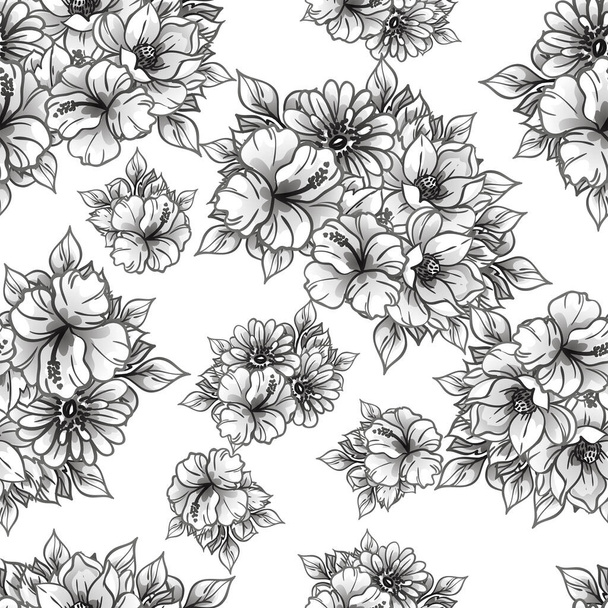 seamless vintage style ornate flowers pattern. black, white and blue colored floral elements in contour - Wektor, obraz