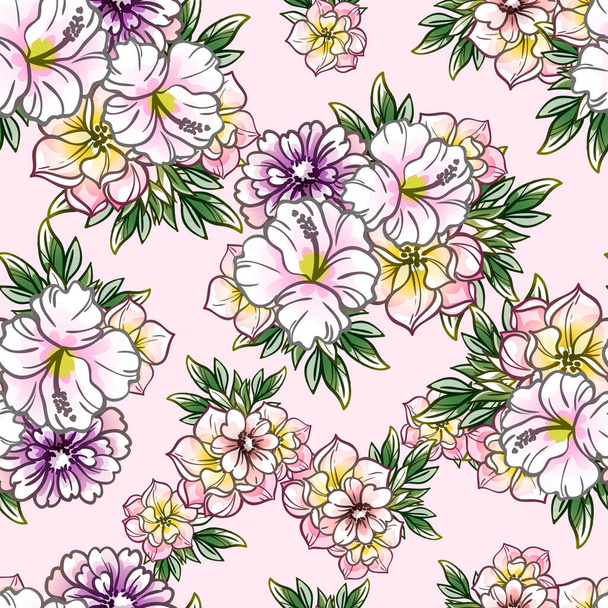seamless vintage style ornate flowers pattern. floral elements in contour - Вектор,изображение