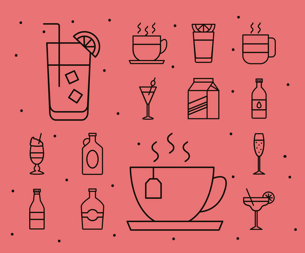 bundle of fourteen beverages set icons - Vector, Image
