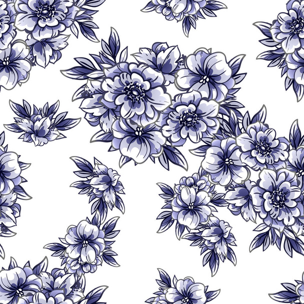 seamless vintage style ornate flowers pattern. black, white and blue colored floral elements in contour - Vector, afbeelding