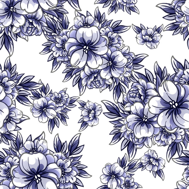 seamless vintage style ornate flowers pattern. black, white and blue colored floral elements in contour - Vector, Imagen