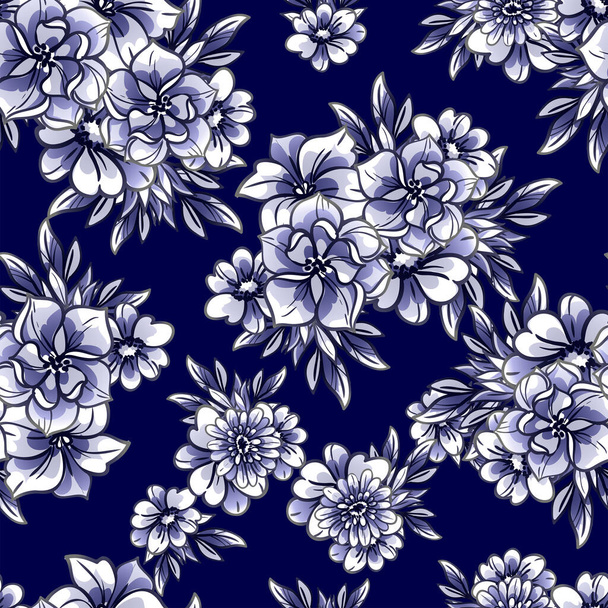 seamless vintage style ornate flowers pattern. black, white and blue colored floral elements in contour - Vector, imagen