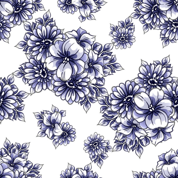 seamless vintage style ornate flowers pattern. black, white and blue colored floral elements in contour - Vektor, Bild