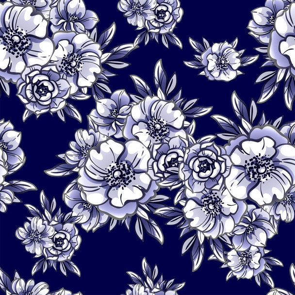 seamless vintage style ornate flowers pattern. black, white and blue colored floral elements in contour - Vektor, kép