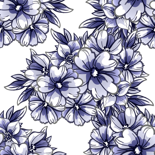 seamless vintage style ornate flowers pattern. black, white and blue colored floral elements in contour - Vettoriali, immagini