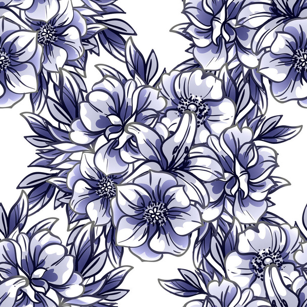 seamless vintage style ornate flowers pattern. black, white and blue colored floral elements in contour - ベクター画像